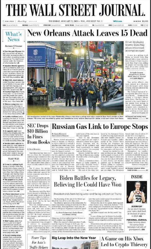 TheWallStreetJournal-2.01.2025⚠️拜登演讲提及特朗普，特朗普移民议程遇阻，乌克兰切断俄罗斯天然气输送，欧洲能源市场受影响，各国对能源供应的担忧加剧；黄金在2024年表现出色，预计2025年价格将继续上升，原因包括利率下降、地缘政治不确定性等；英特尔和波音公司面临挑战，英特尔首席执行官离职，波音需应对质量控制问题；加密货币受华尔街机构青睐，同时面临价格波动和监管难题