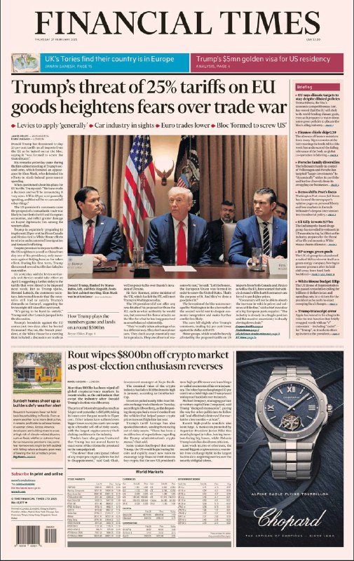 Financial Times-27.02.2025⚠️特朗普拟推500万美元黄金签证吸引外国富豪；特朗普威胁对欧盟加征25%关税，引发贸易战担忧；加密货币市场暴跌，蒸发8000亿美元；欧洲在气候目标上寻求平衡，拟放宽行业规则和天然气储存目标；香港考虑开展篮球博彩增加财政收入；韩国结婚率上升使生育率微增；BP减少绿色能源投资，转回化石燃料领域....📌Download                  #金融时报