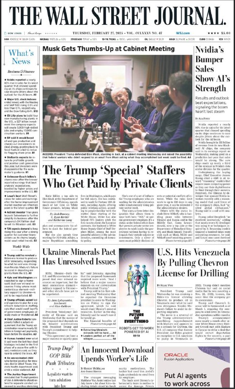 The Wall Street Journal-27.2.2025⚠️美国经济数据与民众情绪呈现背离，尽管经济表现稳健，但消费者信心指数下降；英伟达销售额大幅增长、礼来计划投资建新厂、BP削减清洁能源投资并转向化石燃料等；NBA赛事持续进行，数学模型显示仅三支球队有夺冠可能....📌Download                 #华尔街日报