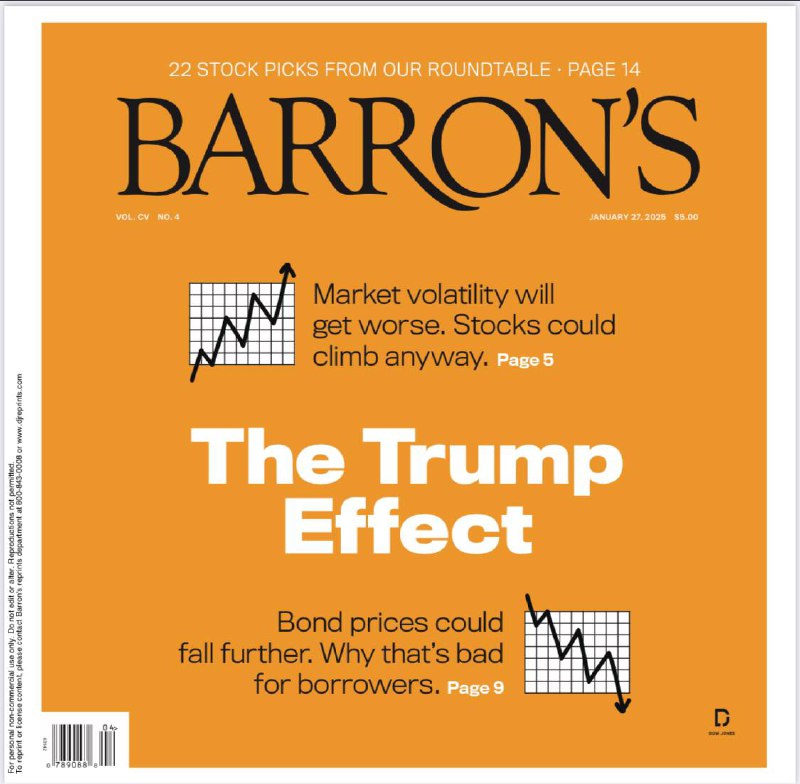 Barron's-27.01.2025⚠️特朗普政策给市场带来不确定性，经济虽强但通胀和美联储政策存变数，市场波动加剧；科技行业中，多公司财报将公布，Stargate项目投资大但资金来源不明；巴伦圆桌会议专家推荐22只股票，涉及多行业，如JBT Marel、O-I Glass等，并分析其投资价值和前景；“末日博士”鲁比尼推出新ETF，因对市场看法调整资产配置....📌Download            #巴伦周刊