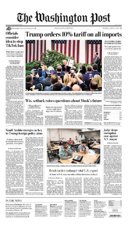 The Washington Post-03.04.2025⚠️考虑延长TikTok出售或封禁期限，白宫介入谈判；威斯康星州最高法院选举中，Elon Musk支持的候选人落败；缅因州与特朗普政府就跨性别运动员参赛等问题产生冲突，联邦机构对该州进行调查并调整资金支持....📌Download                   #华盛顿邮报