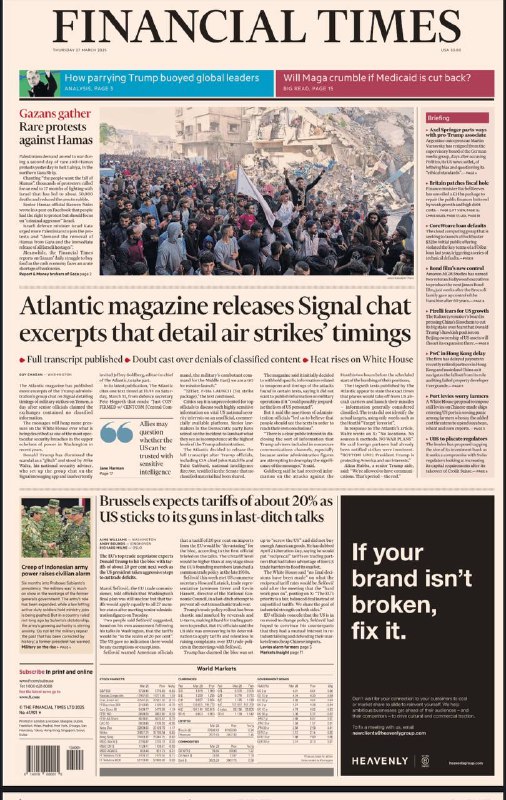 Financial Times-27.03.2025⚠️全球领导人在应对白宫威胁中支持率上升；加沙地区民众罕见抗议哈马斯；全球市场主要股指、货币汇率、国债收益率等有不同程度变化，如标普500指数下跌0.83%；科技行业，多家华尔街公司争夺租赁集团控制权....📌Download                  #金融时报