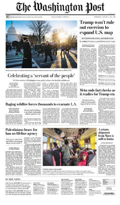 The Washington Post-8.01.2025⚠️吉米·卡特葬礼；以色列准备实施两项法律，禁止联合国近东巴勒斯坦难民救济和工程处（UNRWA）在其领土上开展工作并禁止其工作人员与政府官员接触；儿童肾结石问题，案例呈上升趋势....📌Download        #华盛顿邮报