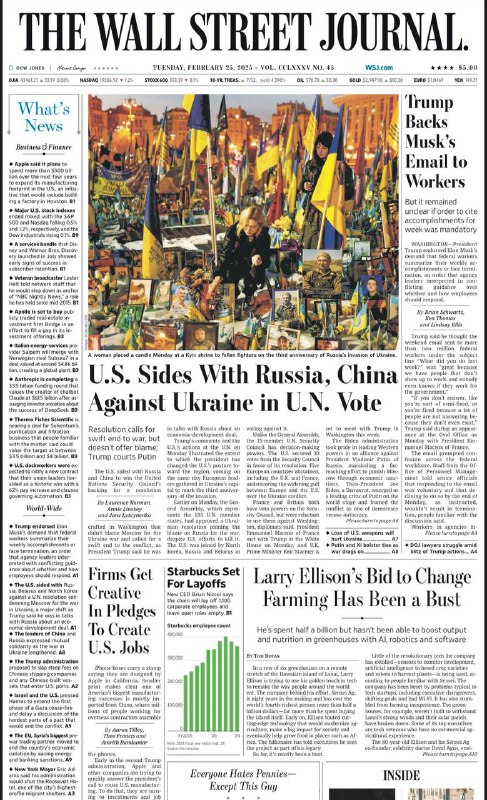 The Wall Street Journal-25.02.2025⚠️特朗普支持马斯克要求；美国在联合国投票立场转变；纽约关闭大型移民庇护所；科罗拉多州工会相关法案变动；星巴克将裁员1100人；多家企业如Apollo、Thermo Fisher等有并购计划；微软和谷歌在量子计算领域的突破引发投资热潮，但该技术仍处于发展初期...📌Download                 #华尔街日报