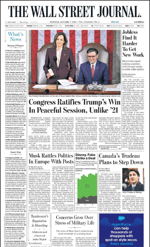 The Wall Street Journal-7.01.2025⚠️美国国会和平认证选举结果，与 2021 年形成对比，伊朗从叙利亚撤军，以色列对下一步军事目标存在争议，朝鲜进行导弹试验，委内瑞拉反对派谋划回国，中国船只切断台湾附近互联网电缆等事件引发关注；股票市场，迪士尼与 Fubo 达成流媒体交易推动相关板块，芯片股因关税风险影响美国自行车行业，同时促使纳斯达克和标准普尔 500 指数波动....📌Download      #华尔街日报