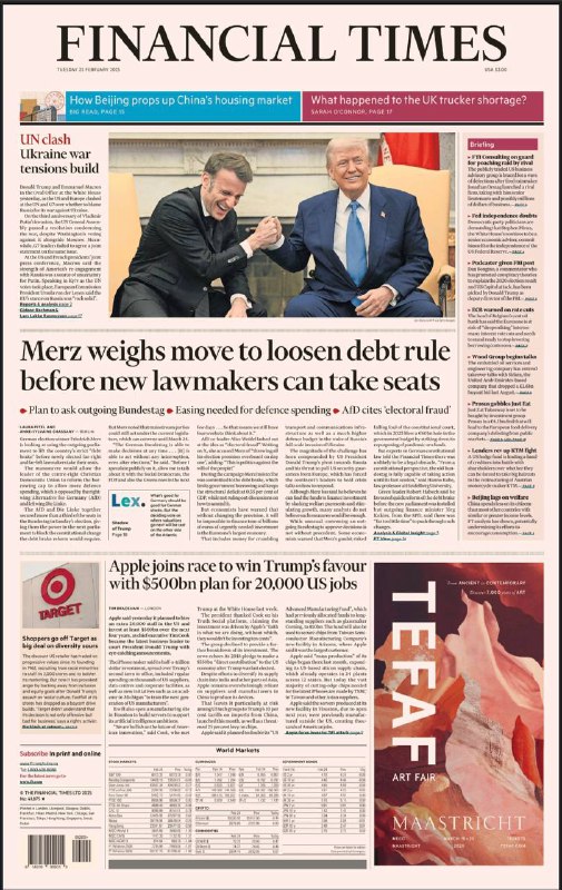 Financial Times-25.02.2025⚠️中国为缓解房地产危机，国企开发商购置土地支撑楼市，但成效未知；卡塔尔主权财富基金吸引风投，推动经济多元化；苹果计划投资5000亿美元创造2万个美国就业岗位；瑞银面临监管，力求符合全球标准；主要股市有涨有跌，美元、欧元、日元等货币汇率及债券收益率有变化，油价和金价也有所波动；刚果（金）暂停钴出口以稳定价格；亚马逊收购詹姆斯·邦德系列电影版权后，该系列未来发展充满变数....📌Download               #金融时报