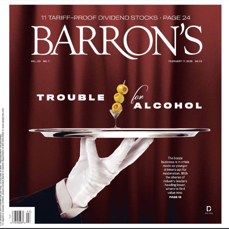 Barron's-17.02.2025⚠️白宫宣布3月4日起对钢铁和铝进口征收25%关税，市场对此反应不一，债市和股市有不同表现；特朗普与普京通话谈及结束乌克兰战争，美联储主席向国会重申关注数据；消费者饮酒习惯改变，偏好更健康生活方式，致使酒精类股受挫；AST SpaceMobile面临SpaceX等强劲对手，虽与多家运营商合作但前景不明，其卫星建设成本高昂，需大量资金且面临定价和市场竞争难题.....📌Download              #巴伦周刊