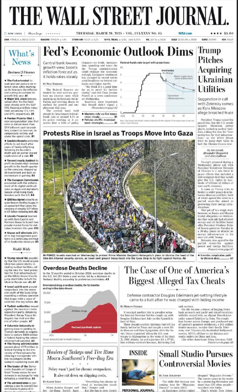 The Wall Street Journal-20.03.2025⚠️特朗普政府计划重组美国国际开发署，将其更名为美国国际人道主义援助署并置于国务院控制之下；特朗普在与乌克兰总统泽连斯基的通话中提议美国收购乌克兰发电厂，包括核电站；埃及在西奈半岛增兵，或违反与以色列的和平条约；美联储维持利率不变，下调今年经济增长预期并上调通胀预期...📌Download                  #华尔街日报