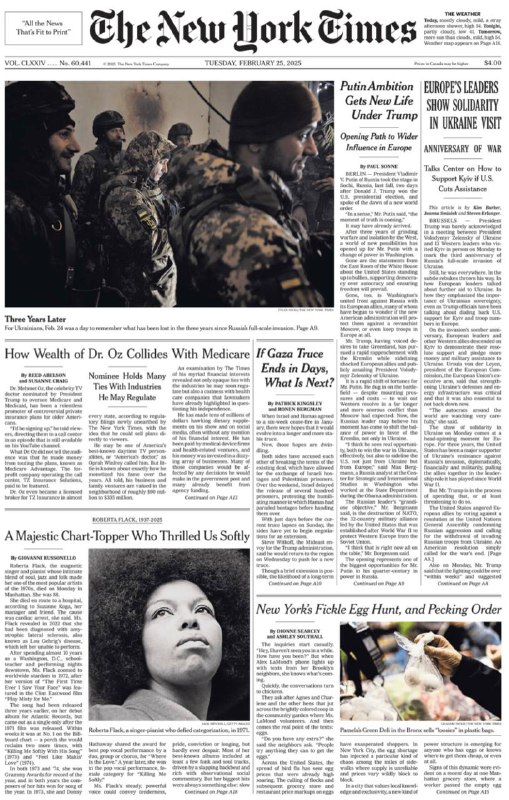 The New York Times-25.02.2025⚠️欧洲和美国在联合国涉乌克兰决议上产生分歧；德国社民党和联盟党虽掌权，但支持率下滑，Merz有望稳定局势；西班牙呼吁欧盟制定独立于美国的对华政策；土耳其总统埃尔多安打压反对派，实施大规模逮捕；美国民主党指责特朗普政府背叛乌克兰；美国与乌克兰、欧洲领导人之间存在紧张关系