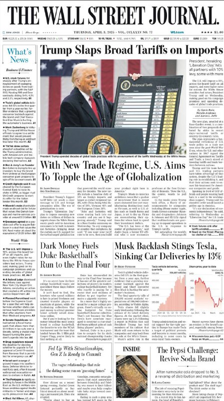 The Wall Street Journal-03.04.2025⚠️特朗普宣布对所有进口商品征收10%的基础关税；纽约市长受贿案被驳回；哈佛等高校面临联邦资金审查；以色列扩大在加沙地带的地面行动，哈马斯面临压力....📌Download                #华尔街日报