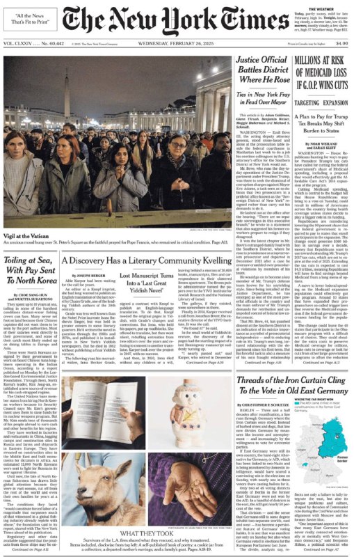 The New York Times-26.02.2025⚠️叙利亚举行全国对话会议，数百人参与，但库尔德人代表大多被排除在外；德国极右翼势力崛起，德国银行报告亏损；乌克兰与美国达成矿产协议；德国总理朔尔茨面临执政困境，默茨有望领导欧洲；叙利亚新领导人经历从圣战分子到总统的转变；民众发起撤销马斯克加拿大公民身份的请愿；介绍海地风味的五香肉丸食谱...📌Download                   #纽约时报