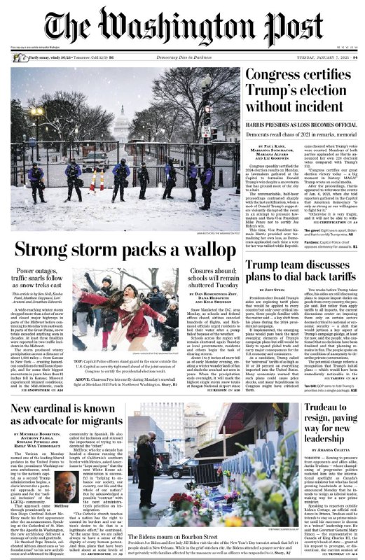 The Washington Post-7.01.2025⚠️称特朗普团队讨论关税计划，将针对每个国家的关键进口商品征收关税，而非竞选时提出的对所有进口商品征高关税，但该计划尚未最终确定；一场冬季风暴给美国部分地区带来严重影响，包括降雪、道路关闭和人员伤亡等；明尼阿波利斯市领导与司法部达成具有法律约束力的警察问责计划....📌Download         #华盛顿邮报