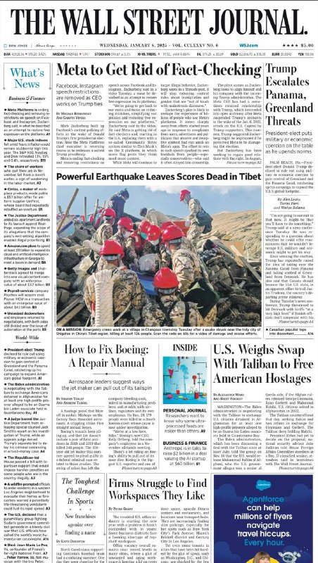 The Wall Street Journal-8.01.2025⚠️Meta 宣布结束事实核查并解除在 Facebook 和 Instagram 上的部分言论限制；总统当选人特朗普拒绝排除使用军事或经济胁迫来控制格陵兰岛和巴拿马运河；主要美国股票指数下跌，因担心今年通胀居高不下....📌Download       #华尔街日报