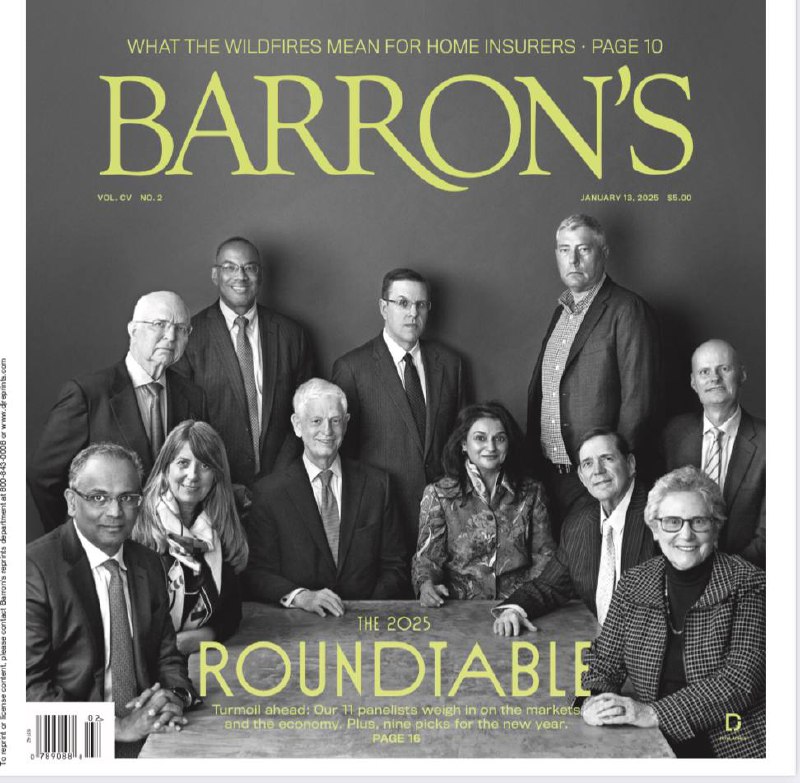 Barron's-13.01.2025⚠️上周美国股市受就业数据等影响下跌，道指、标普500和纳指分别周跌1.9%、1.9%和2.3% ；债券市场收益率上升，10年期国债收益率达4.77%；野火等灾害虽致短期股价波动，但长期因需求增长，保险股有望受益；ASML虽短期受挫，但高端光刻机业务有望复苏；强劲就业数据使市场对美联储降息预期降温，投资者担忧高利率持续，影响股市估值....📌Download          #巴伦周刊