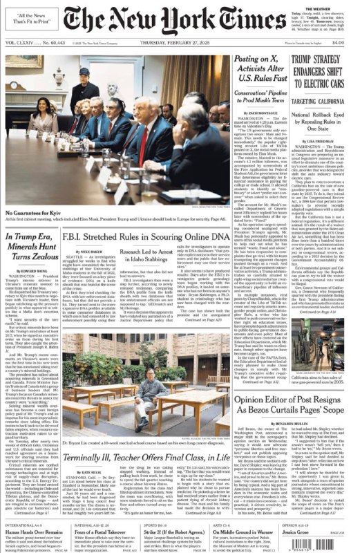 The New York Times-27.02.2025⚠️特朗普将某地区设州的计划引发加拿大抗议；特朗普的乌克兰矿产交易被指“保护费外交”，乌克兰对此抗议，且特朗普称乌需寻求欧洲安全保障；四分之一纽约人生活贫困，难以购买主食；美国基督教衰退趋势暂停，年轻成年人信教人数增加；特朗普拟对中国船舶征税，美国对中国的新限制措施刚刚开始....📌Download                 #纽约时报