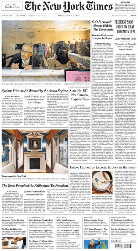 The New York Times-21.03.2025⚠️俄乌冲突持续，特朗普关于接管乌克兰核电站的提议引发各方关注和讨论；匈牙利为稳定鸡蛋价格采取了限制资本主义的措施；叙利亚部分民众对被阿萨德政权通缉的态度发生转变；伊朗释放了被关押两年的法国公民；哈马斯向特拉维夫发射火箭弹，以色列扩大在加沙的地面袭击；美国股市三大指数下跌....📌Download                   #纽约时报