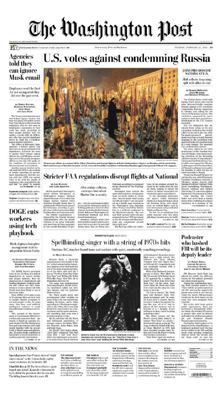 The Washington Post-25.02.2025⚠️在俄罗斯入侵乌克兰三周年之际，联合国就相关决议进行投票；美国副大使多萝西·谢伊称此前联合国谴责俄罗斯并要求其撤军的决议未能阻止战争，当前需要的是所有联合国成员国承诺持久结束战争的决议；乌克兰副外长玛丽安娜·贝萨表示乌克兰在行使“固有的自卫权”，呼吁各国站在《联合国宪章》、人类以及正义与持久和平这一边；俄罗斯大使瓦西里·涅边贾称美国起草的决议在欧洲修改前是“朝着正确方向迈出的一步”....📌Download              #华盛顿邮报