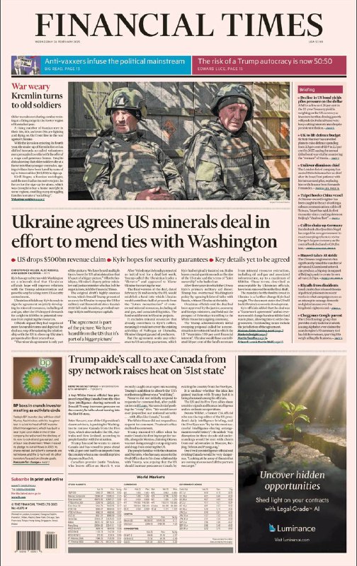 Financial Times-25.02.2025⚠️反疫苗接种者的理念融入政治主流；特朗普独裁风险升至50%；俄乌冲突中，俄罗斯动员50岁以上人员参战，乌克兰与美国达成矿产协议；英国承诺将国防预算提高到GDP的2.5%；德国极右翼政党AfD吸纳极端分子；台湾扣押一艘涉嫌切断电缆的中国货船；全球股市涨跌互现，美债收益率下降施压美元；特斯拉自动化部门收购德国破产工程师资产...📌Download                   #金融时报